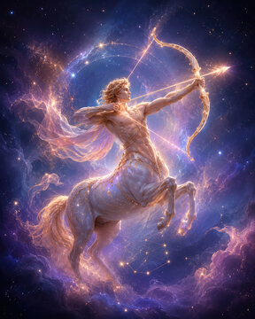 Sagittarius zodiac centaur archer aiming glowing arrow in space
