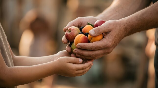 Close Up Of Two People Hands Sharing Fresh Berries And Fruits Concept Of Food Donation Alleviating Hunger Charity Work And World Humanitarian Day