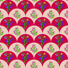 Retro scallop seamless pattern with floral bouquets. Cute bluebell flowers on red and beige fish scale wave geometric background. © Sangduan