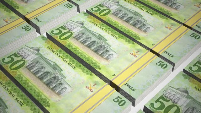 Stacks of 50 SAR or Fifty Saudi Arabia Riyal banknotes or currency. Neat Rows of Saudi 50 Riyal Bank note in 3D Motion. 4k Animation.