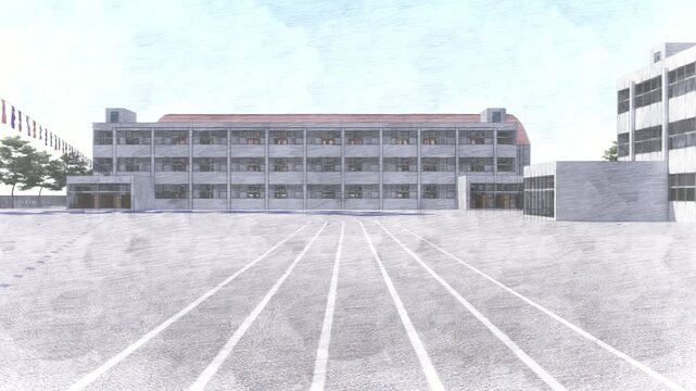 小学校の運動会グラウンド 会場設営風景 3DCGアニメーション背景