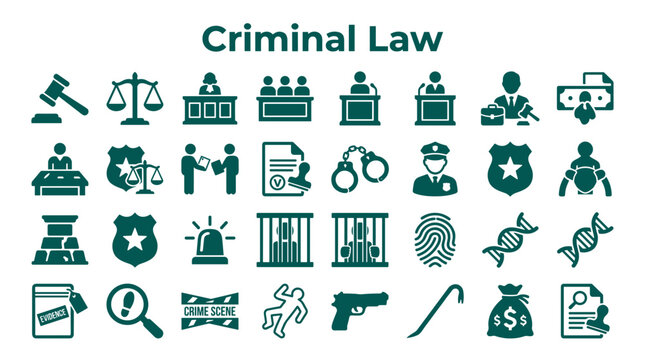 Criminal law concept with justice and crime icons representing legal proceedings evidence and punishment