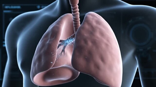 A medical illustration of lungs and trachea inside a human torso with bronchi highlighted