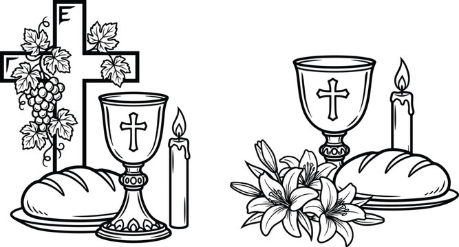 Christian Eucharist Symbol Illustrations with Chalice, Bread, Cross, and Candle