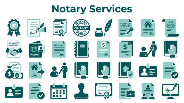 Notary Services Icons Collection representing legal documents, seals, signatures, and official certifications for business and legal processes