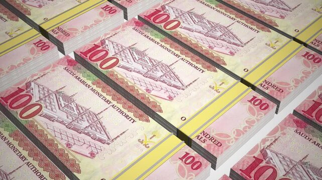 Stacks of 100 SAR or one Hundred Saudi Arabia Riyal banknotes or currency. Neat Rows of Saudi 100 Riyal Bank note in 3D Motion. 4k Animation.