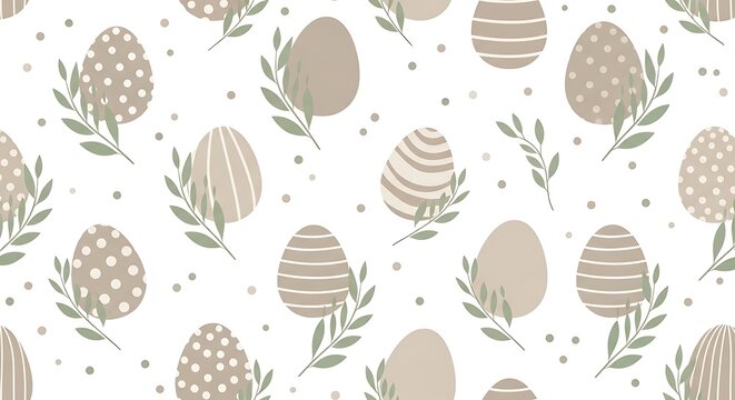 Seamless pattern with decorative Easter eggs and leaves in a modern minimalist grey and white graphic style