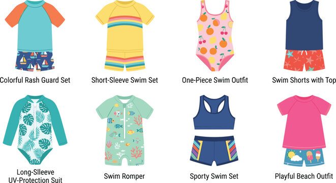 Colorful Children&rsquo;s Swimwear Sets with Rash Guards Shorts Rompers and One-Piece Outfits