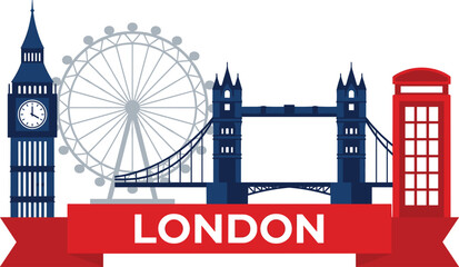 Obraz premium London City Landmarks Vector Illustration, Big Ben Clock Tower London Eye Tower Bridge and Telephone Booth with Banner on White Background