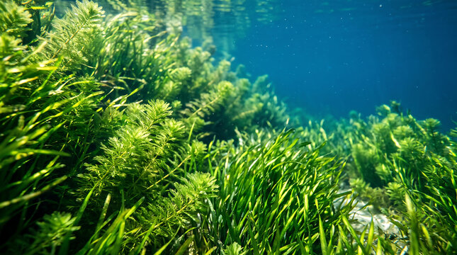 Underwater ecosystem with aquatic plants and marine life thriving in clear waters