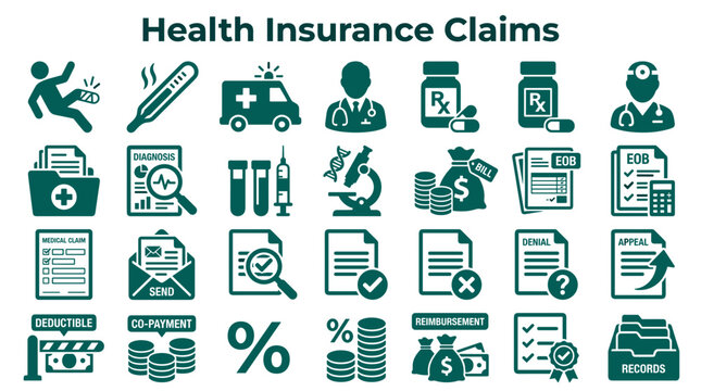 Health Insurance Claims icons representing medical expenses, reimbursement, deductible, co payment, and appeals process