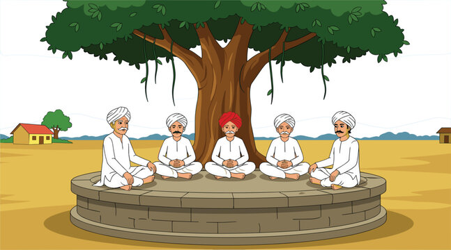 Indian Village Elders Sitting Under Banyan Tree Vector Illustration, Panchayat Meeting Rural Men in Turban Traditional Scene Background