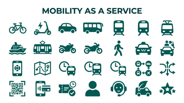 Mobility as a Service Concept Icons Showing Various Transportation Options and Digital Services for Urban Commuting and Travel Planning