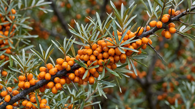 Sea buckthorn berries on branch, orange hippophae fruit, autumn harvest