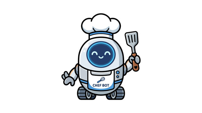 Cartoon robot chef with hat and spatula.