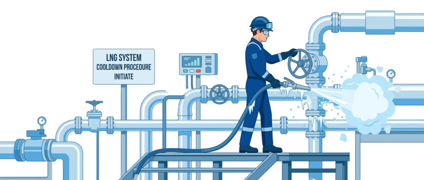 Industrial worker operating valve and spraying water on LNG system pipe