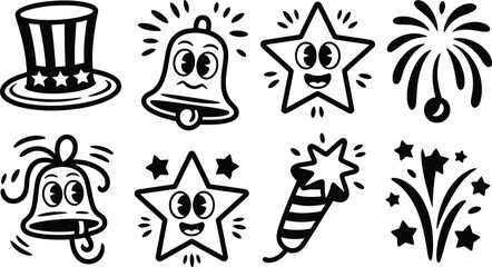 Fototapeta premium Cute Cartoon Patriotic Icon Set with Smiling Stars, Uncle Sam Hat, Liberty Bell, Firework, and Firecracker Characters for 4th of July