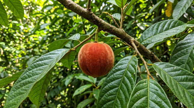 Velvet apple fruit on tree branch, tropical mabolo fruit, exotic plant