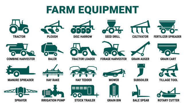 Collection of farm equipment icons and illustrations including tractor, plow, combine harvester, baler, and seed drill for agriculture and farming concepts