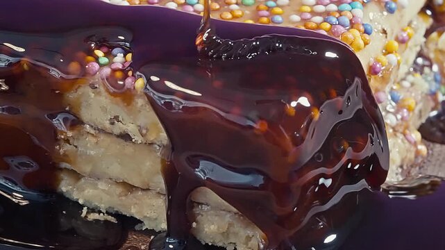 Macro Shot of Syrup Pouring Over Peruvian Turron de Do&ntilde;a Pepa.