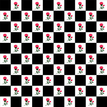 Cute Seamless Floral Checkerboard Pattern with Pink Flowers on Black and White Background