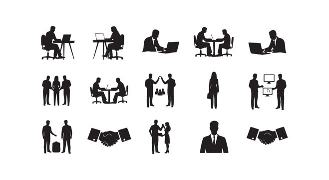 Professional business silhouettes featuring handshake teamwork computer work presentation and executive meeting.