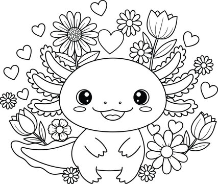 Cute axolotl coloring page with flowers and hearts in kawaii cartoon style