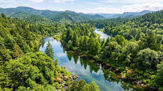A serene aerial view of a river winding through a dense forest with lush greenery and majestic mountains in the background under a partly cloudy sky