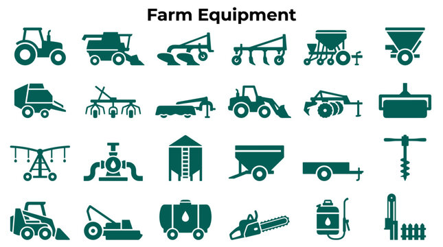 Collection of farm equipment icons and symbols representing agricultural machinery and tools for farming operations and cultivation