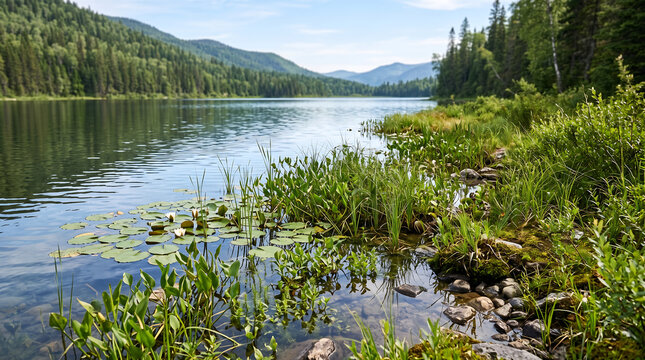 A serene forest stream winding through vegetation near a lake with mountains in the background on a sunny day.