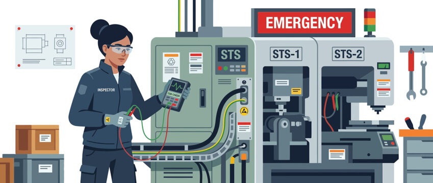 Female technician calibrating industrial machinery with diagnostic tool in factory setting