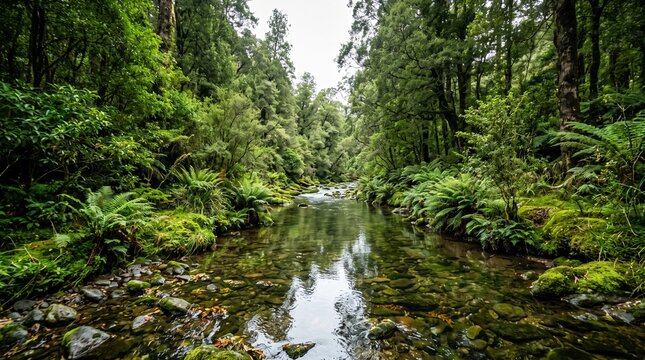 A serene river flows through a dense forest with lush greenery and rocks along its banks.