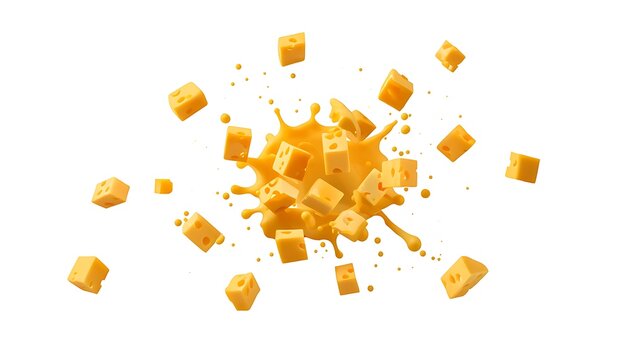 Cheddar cheese cubes exploding or scattering with cheese sauce splash on white background explosion isolated background culinary ingredient advertising commercial nutrition scattered