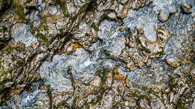 Freshwater patterns form over rocky formations in a natural setting.
