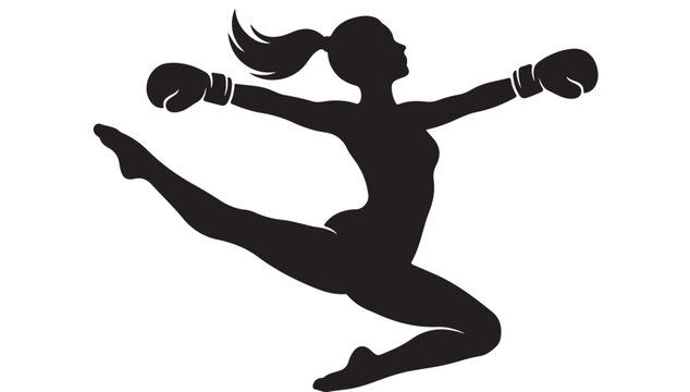 Female boxer silhouette in jumping kick pose, athletic woman wearing boxing gloves vector illustration, martial arts and kickboxing fitness concept