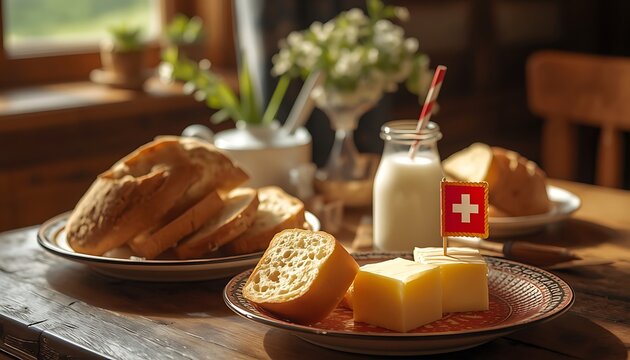 Traditional swiss breakfast with sliced bread cheese and milk on rustic wooden table switzerland breakfast traditional delicious appetizer homemade nutrition farmhouse culinary