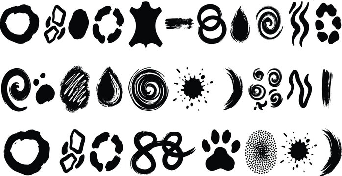 Hand Drawn Brush Stroke Shapes Collection with Rings, Swirls, Blobs, Paw Print, Infinity, and Grunge Elements for Icons, Logos, and Decorative Designs