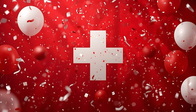 Swiss national day celebration background with red and white balloons and falling confetti switzerland celebration national balloons confetti background anniversary patriotic abstract