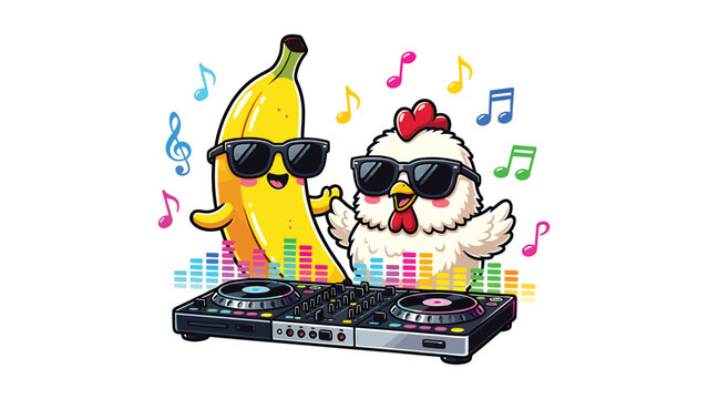 Cute Banana and Chicken DJs Mixing Music Cartoon Vector Illustration