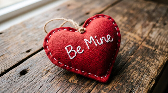 Handmade red heart ornament with "Be Mine" embroidery on rustic wood