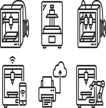 Set of 3D printing and manufacturing technology outline icons with printing technology manufacturing production prototype robotics industrial automation wireless connectivity additive