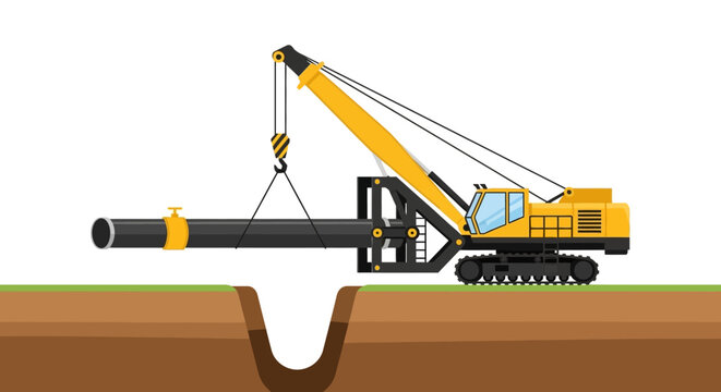 Yellow Pipe Layer Machine Crawler Crane Lifting Industrial Pipeline into Ground Trench, Heavy Construction Machinery Vector Illustration
