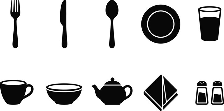 Dining and Kitchenware Silhouettes Collection Featuring Tableware and Utensils