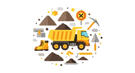 Naklejka premium Mining and Construction Industry Illustration with Dump Truck, Pickaxe, and Excavation Tools - Flat Vector Design for Industrial Concepts