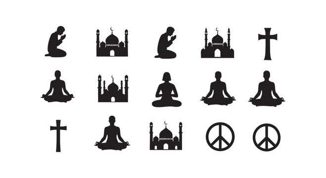 Religious and peace symbols collection including mosque architecture silhouettes praying people cross and meditation icons.
