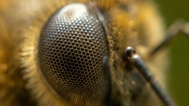 Extreme macro of honeybee compound eye showing microscopic hexagonal ommatidia facets under natural light