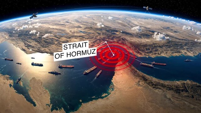Satellite view of cargo ships navigating a strategic strait of hormuz