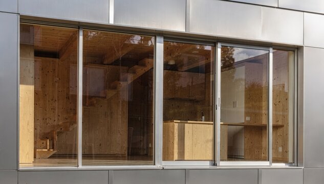 Elegant silver metal cladding frames natural wood interiors in medium shot highlighting both modern design and energyefficient window technology.