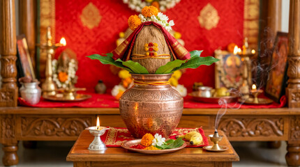 Obraz premium Pooja Kalasam, kalasha, Hindu kalasam, sacred kalasha, puja kalash, brass kalasam, copper kalasha, silver kalasha, Vedic rituals, spiritual symbolism, pooja accessories, coconut on kalash, sacred pot.