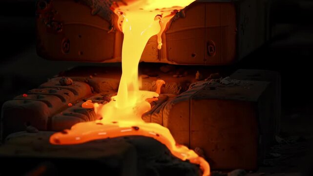 Molten golden metal pouring from casting crucible into brick mold in dark foundry shop